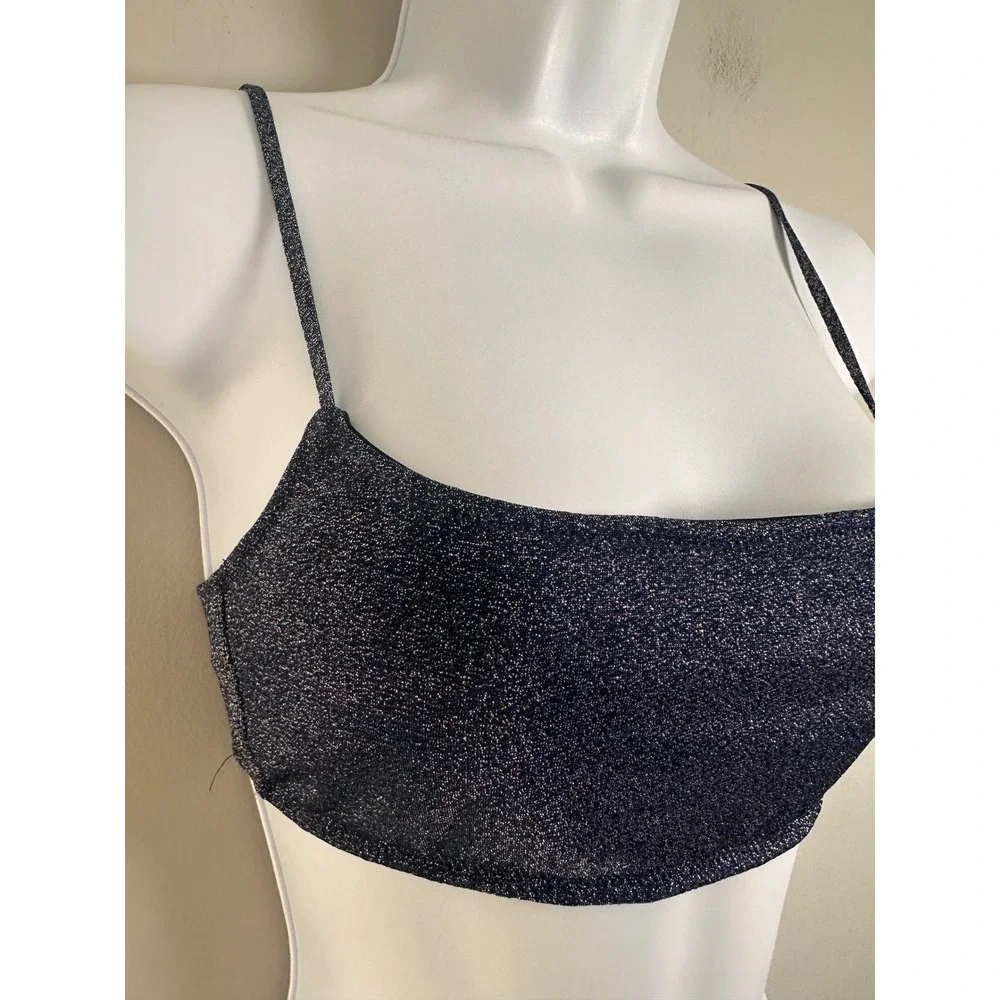 Triangl‎ Midnight Blue Silver Sparkle Lurex Bikini Top Small+ Square Neck Clasp